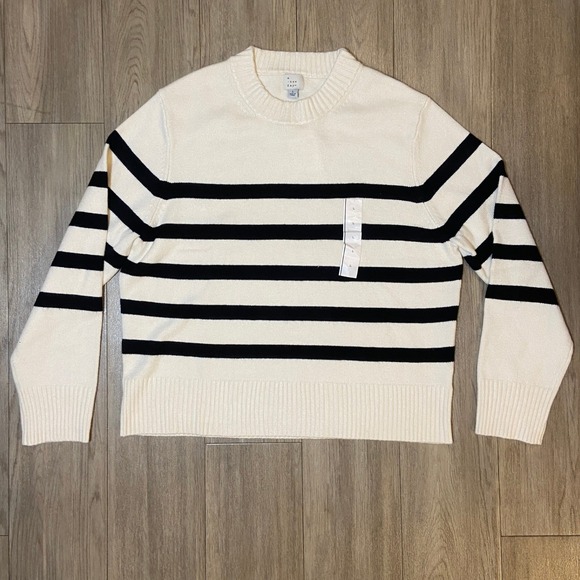 a new day Sweaters - A New Day Women's Striped Crewneck Pullover Sweater Cream Black Large NWT